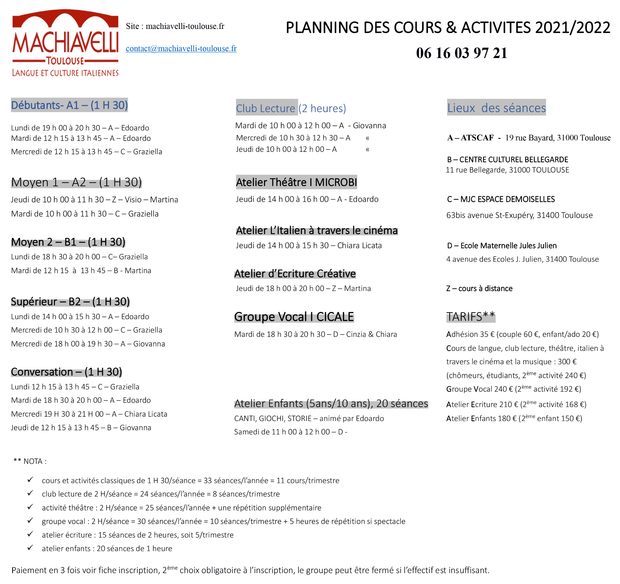 Planning cours Machiavelli Toulouse 2021 2022